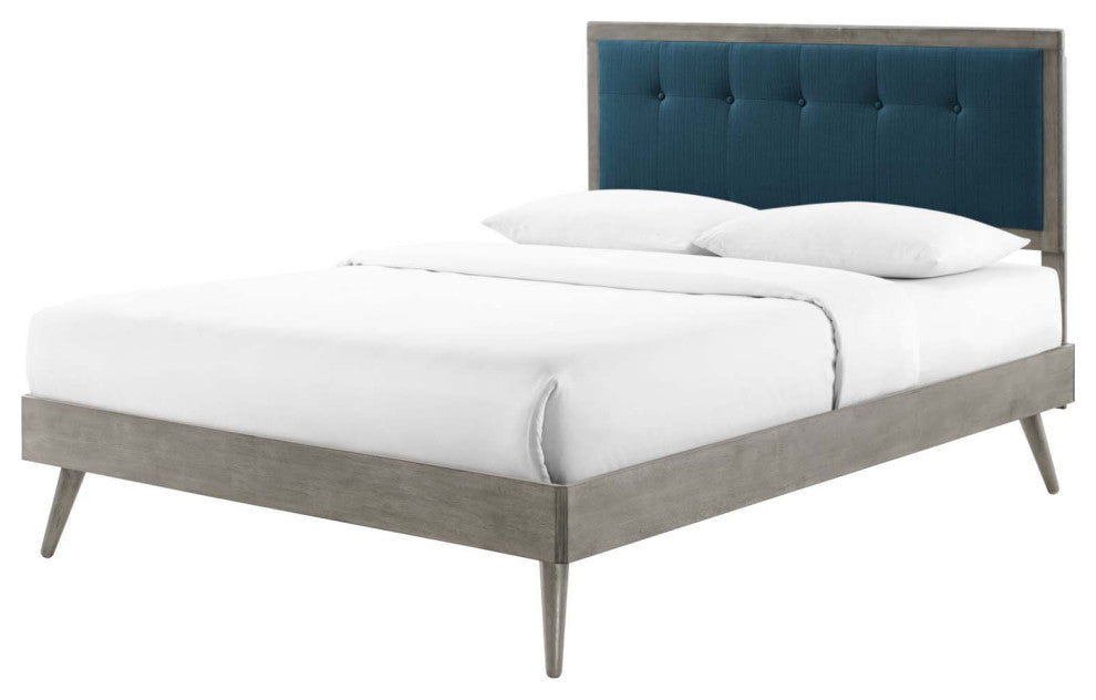Platform Bed Frame, Queen Size, Fabric, Wood, Gray Navy Blue, Modern