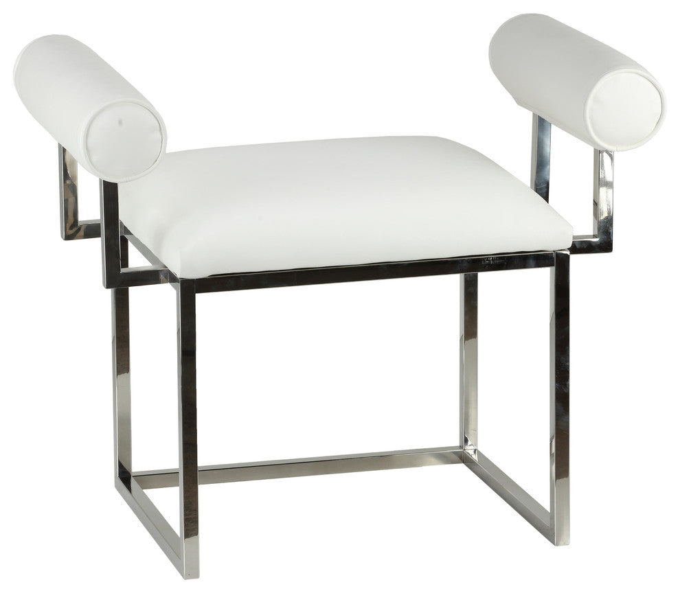 Cortesi Home Shakira Accent Stool, White Faux Leather With Padded Arms, 24"