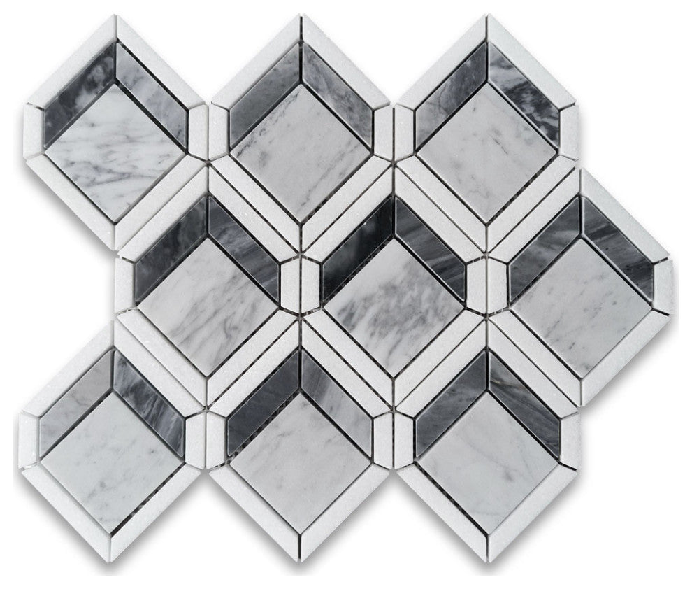 Carrara White Marble Illusion 3D Square Geometry Mosaic Tile White, 1 sheet