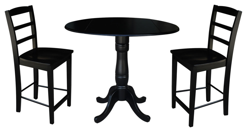 42" Round Pedestal Gathering Height Table with 2 Counter Height Stools, Black