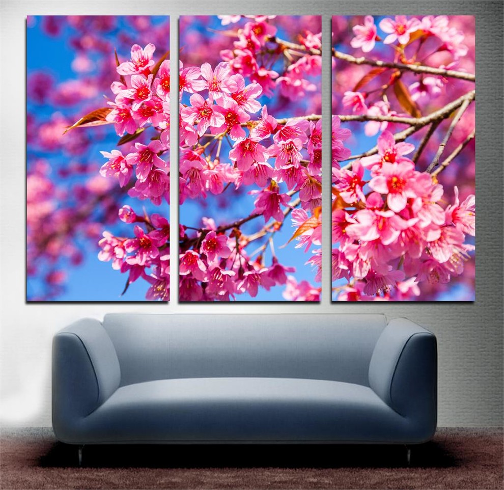 Pink Cherry Tree Blossom Canvas Print, 3 Panel Split, Triptych Wall Ar