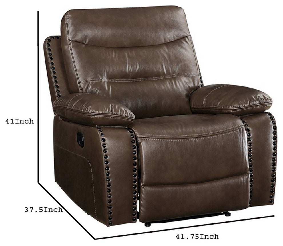 Benzara BM250552 Leatherette Power Recliner With Nailhead Trim Accent, Brown