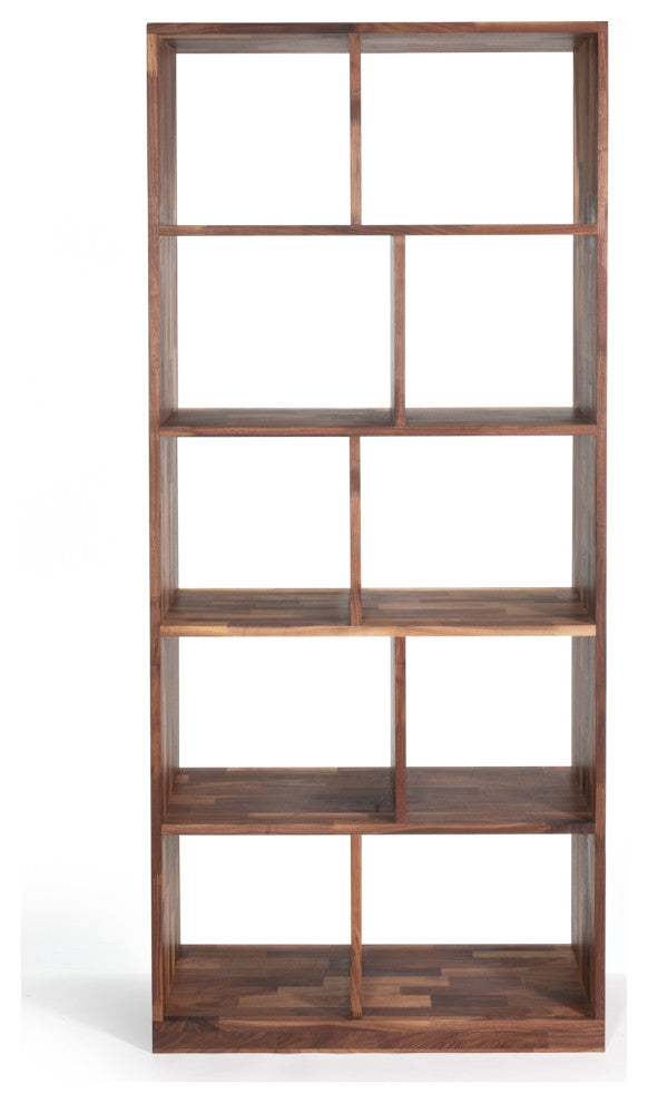 Zuma High Modern Solid Wood Walnut Shelving Unit, Open Bookcase