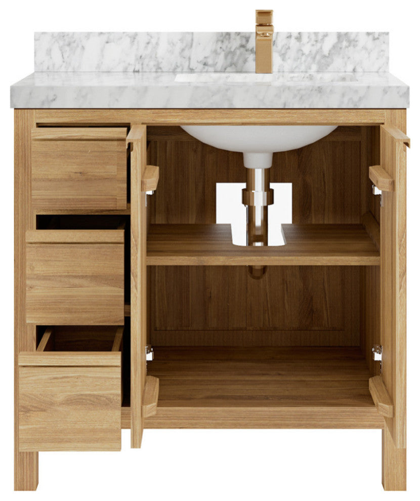 Elizabeth 36 Right Offset Bath Vanity in Light Natural Teak 2" Carrara Marble