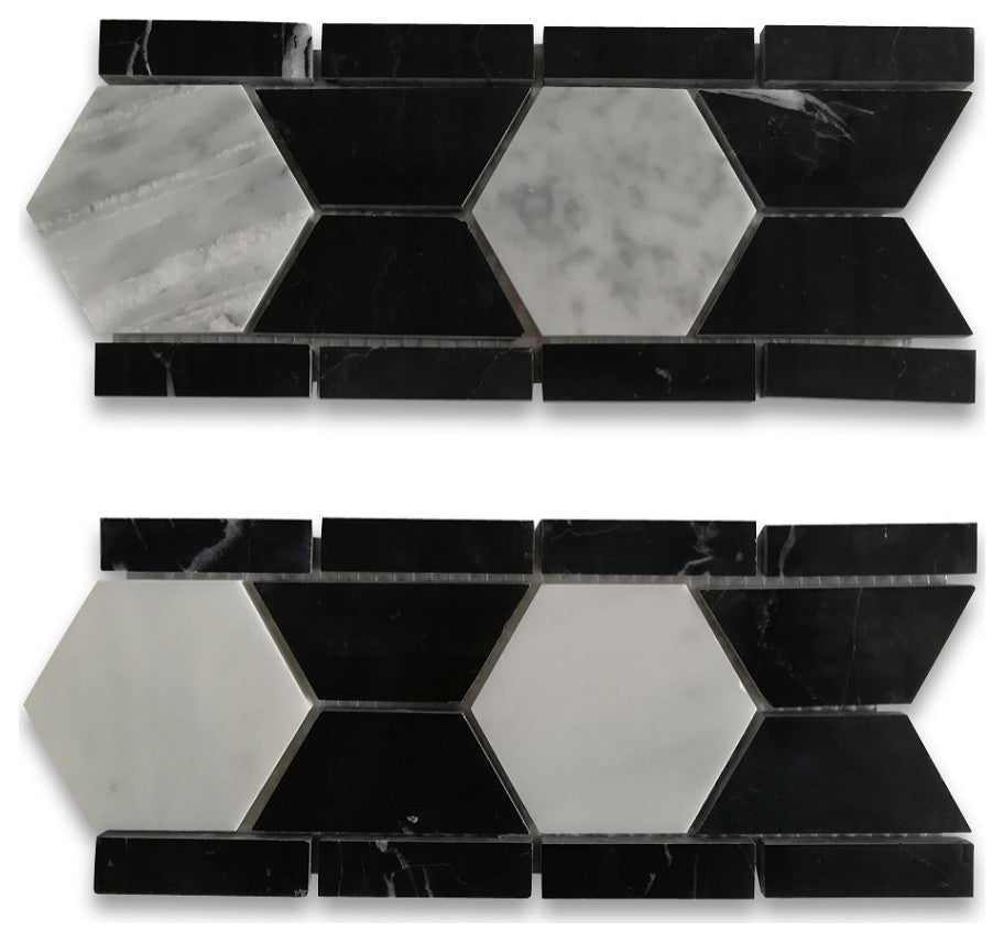 Carrera White Marble 3" Hexagon Mosaic Border Listello Tile Polished, 1 sheet