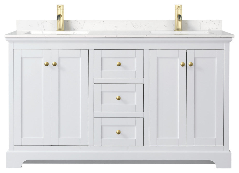 60"DBL Vanity White, Light-Vein Carrara Cult. Marble Top, Sinks, Gold Trim