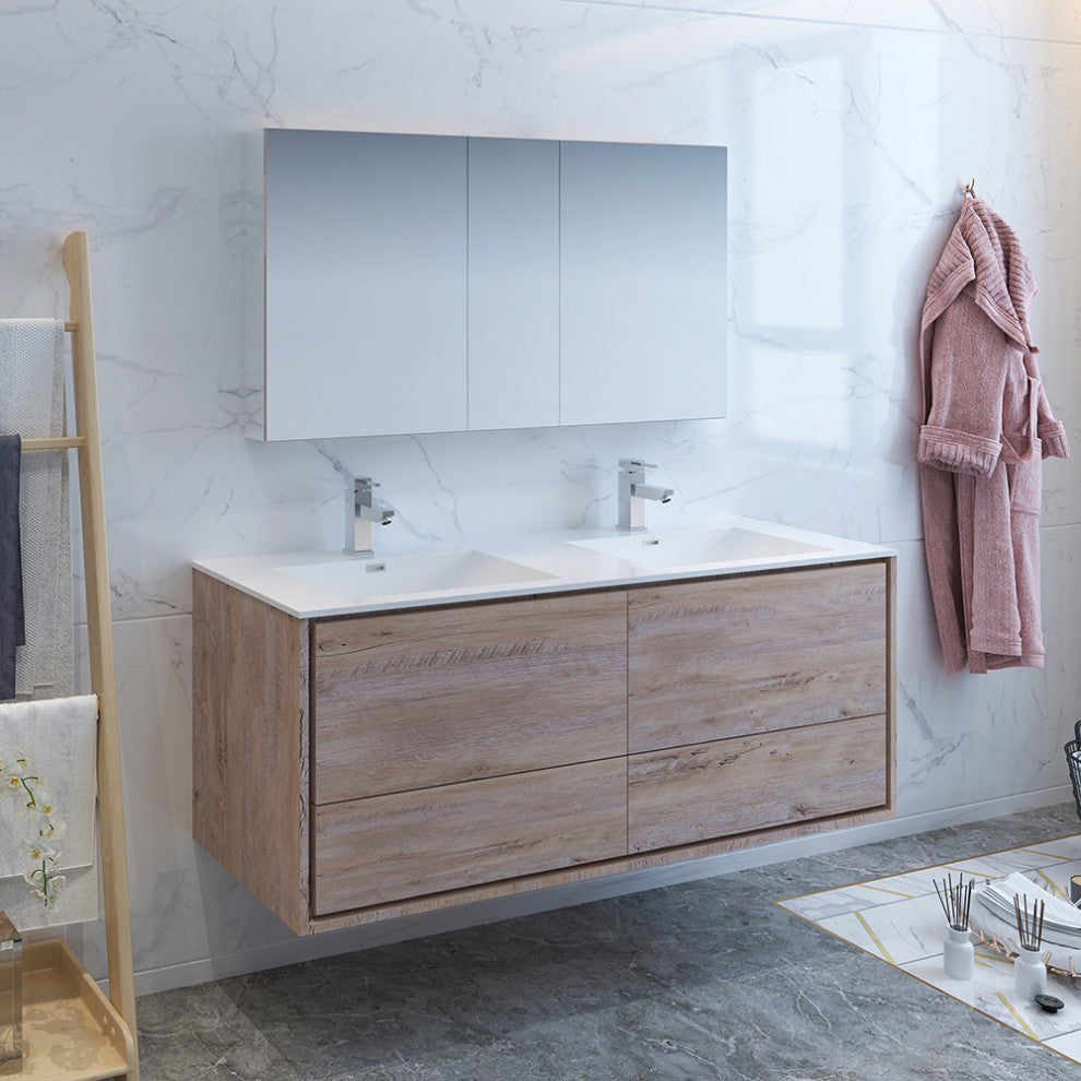 Fresca Catania 60" Natural Wood Wall Hung Double Sink Vanity, Medicine Cabinet