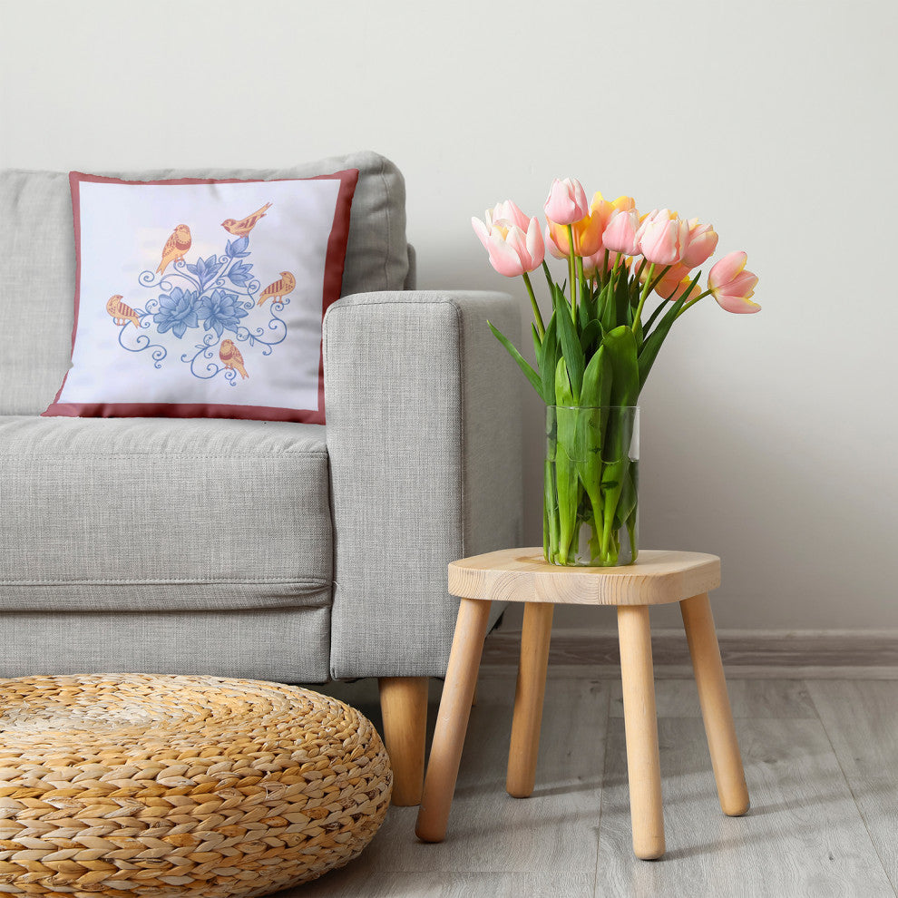 Birds And Flowers Decorative Throw Pillow, Rusty Mauve, 20"x20"