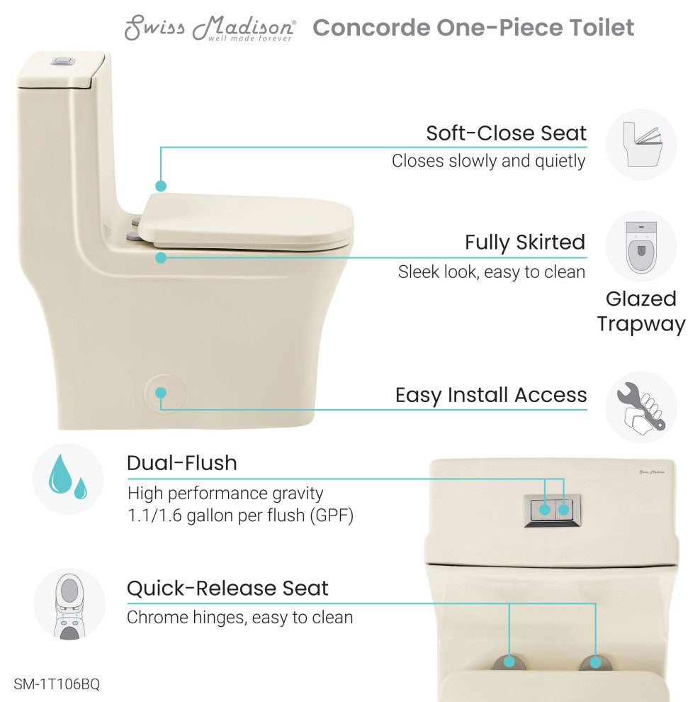 Concorde One Piece Square Toilet Dual Flush 1.1/1.6 gpf, Bisque