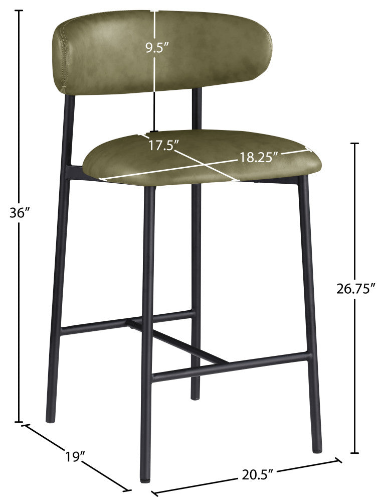 Lupita Upholstered Counter Stool, Olive, Vegan Leather, Matte Black, Set of 2