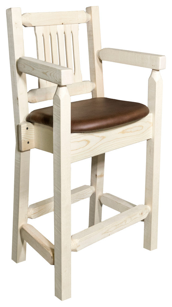 Homestead Captain's Bar Stool, Saddle Upholstery, Clear Lacquer Finish