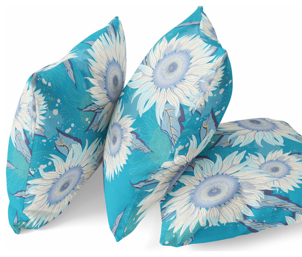 16" Aqua White Sunflower Indoor Outdoor Zippered Throw Pillow