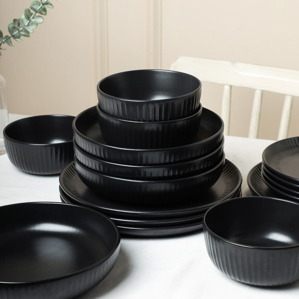 Stone Lain Logan Stoneware 16 Piece Dinnerware Set With Pasta Bowls, Black