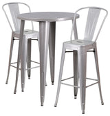 Commercial 30" Round Silver Metal Indoor-Outdoor Bar Table Set, 2 Cafe Stools