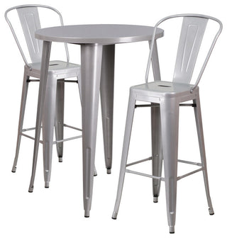 Commercial 30" Round Silver Metal Indoor-Outdoor Bar Table Set, 2 Cafe Stools