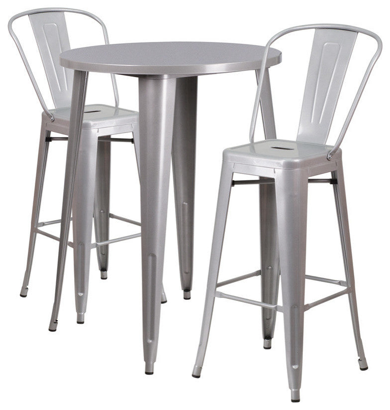 Commercial 30" Round Silver Metal Indoor-Outdoor Bar Table Set, 2 Cafe Stools