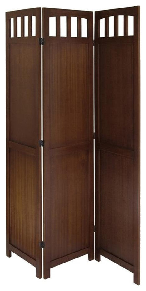 Pemberly Row Transitional Solid Wood Folding Screen in Antique Walnut