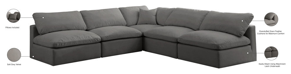 Plush Velvet / Down Standard Comfort L-Shaped Modular Sectional, Gray, 5-Piece: 4 Armless Chair, 1 Corner Chair