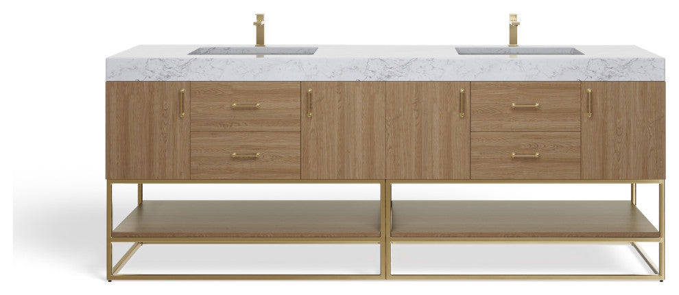 Bahia Bath Vanity, Oak, 84", Brushed Gold Hardware, Double, Freestanding