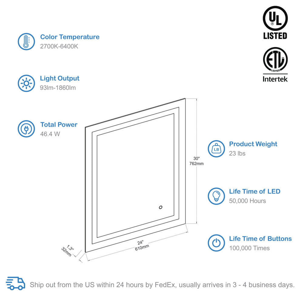 Fogless, Color Temperature Adjustable LED Mirror, 24"x30"