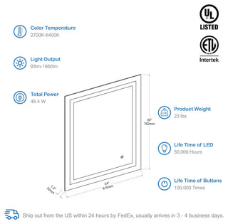 Fogless, Color Temperature Adjustable LED Mirror, 24"x30"