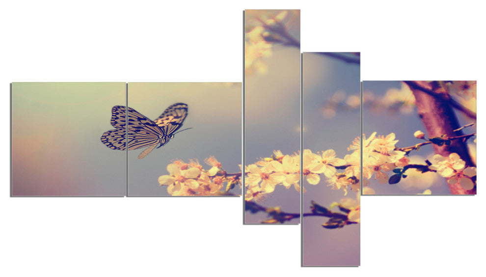 Vintage Butterfly with Flowers, Floral Canvas Art Print, 60"x32", 5 panels