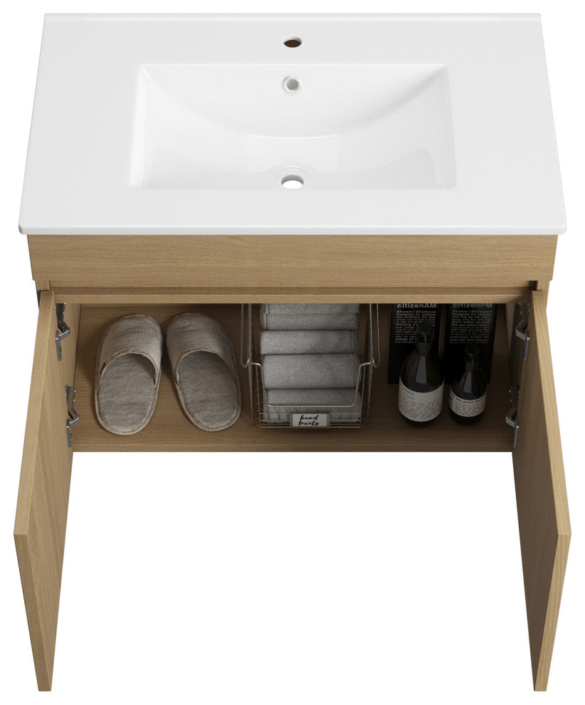 Wall Mounted Bath Vanity, Light Oak, Integrated Ceramic Sink, 24"