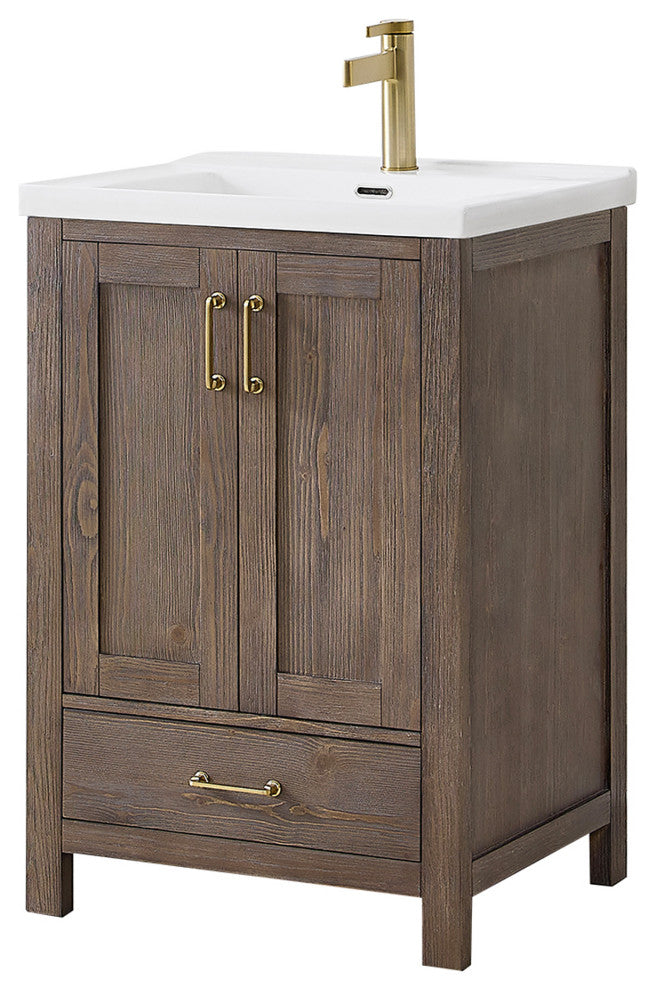 Gela Single Bath Vanity with Ceramic Basin Top, Spruce Vintage Brown, 24", No Mirror