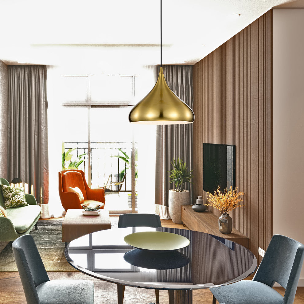 1-Light 12 in. Gold Single Pendant With Teardrop Metal Shade