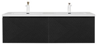 Matte Black Wall Mount Bath Vanity, Integrated Sink, White Sink, 72" Double Sink