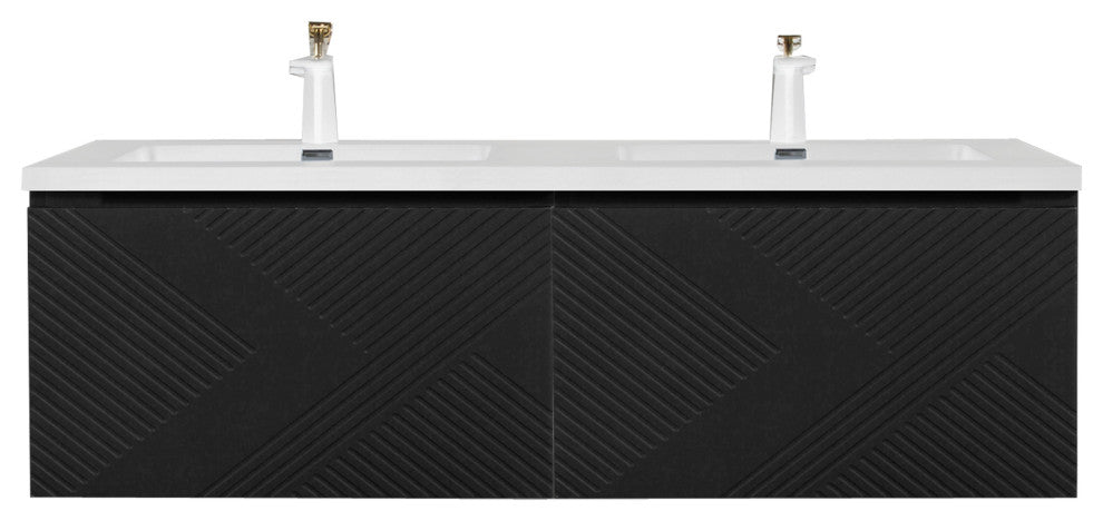 Matte Black Wall Mount Bath Vanity, Integrated Sink, White Sink, 72" Double Sink