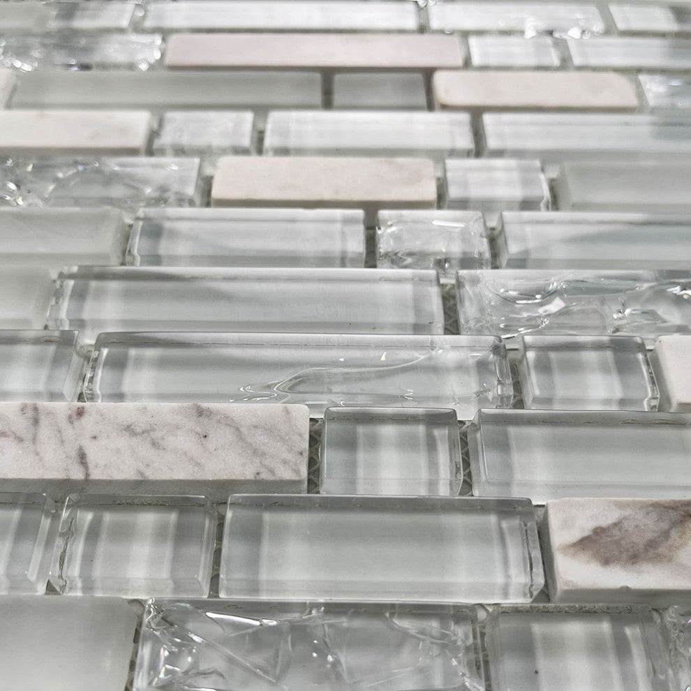 Glass Mosaic Tile White and Crackled Glass Mix White Marble Brick, 1 sheet