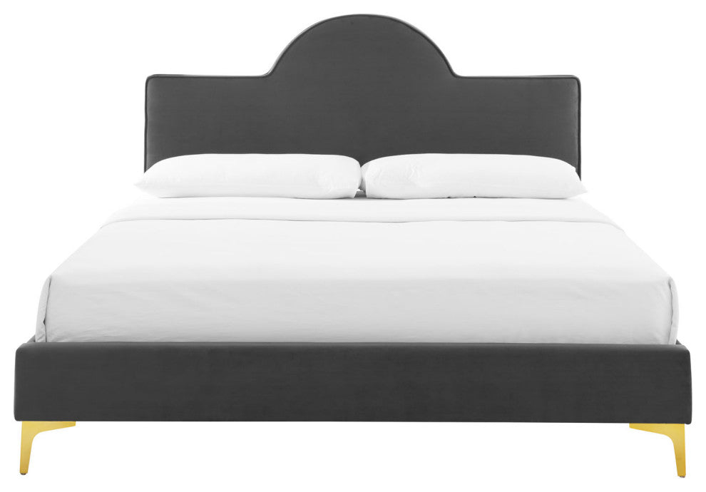 Platform Bed Frame, King Size, Charcoal Gray, Velvet, Modern, Guest Suite
