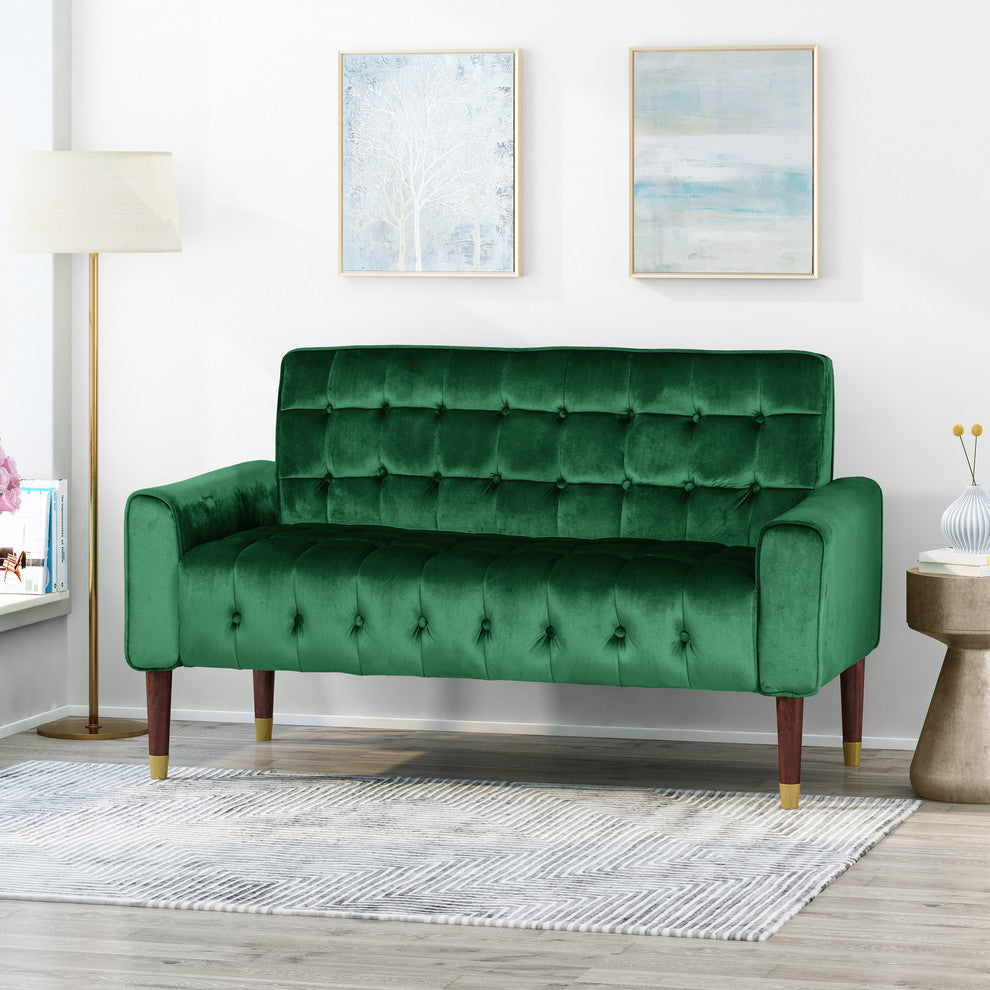 Aubrie Tufted Velvet Loveseat With Gold Tipped Tapered Legs, Emerald, Gold Finish