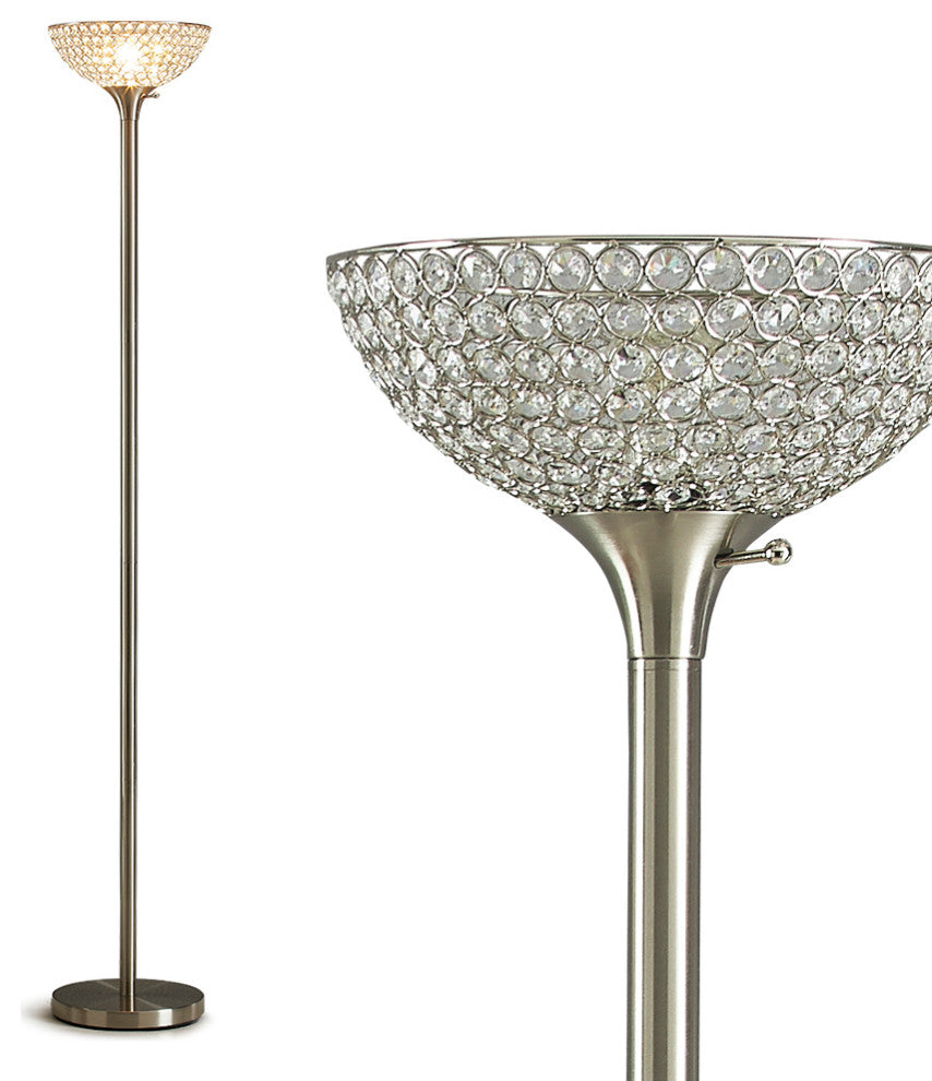 HOMEGLAM Lucie 71-inch Crystal Shade Torchiere Floor Lamp, Brushed Nickel