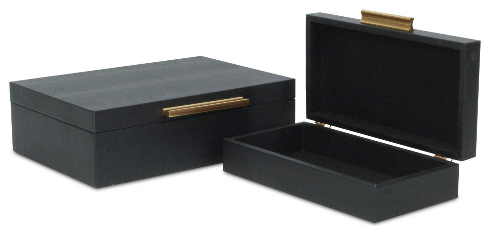Lusan Rectangular Decorative Box Set, Black Faux Snakeskin