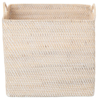 Loma Rectangular Tall Decorative Rattan Storage Basket with Ear Handles, Large, White Wash