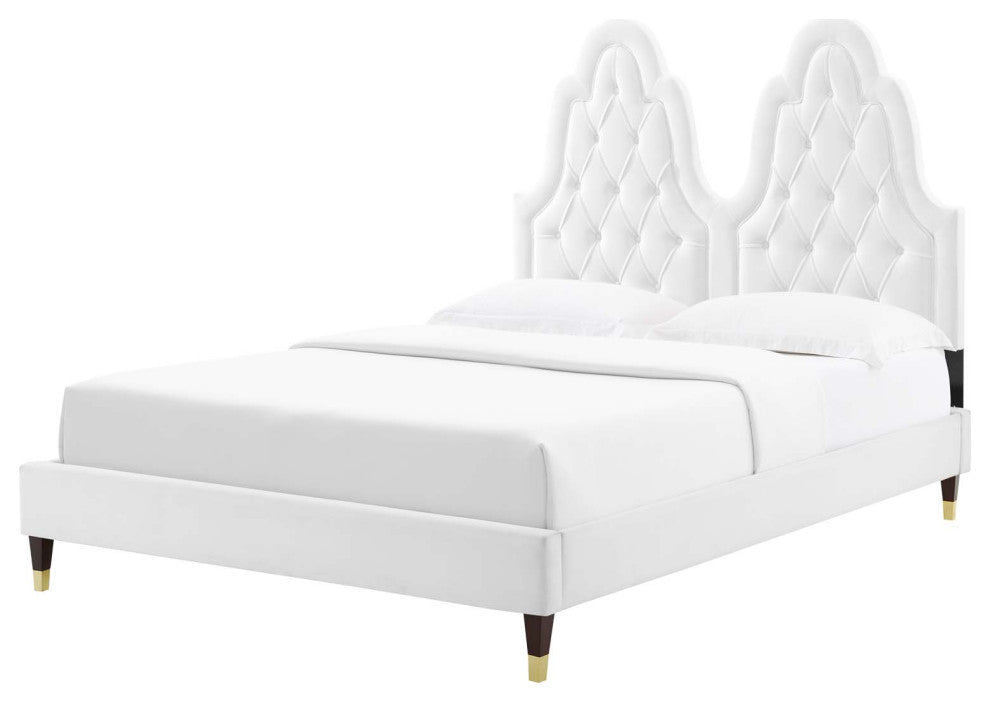 Tufted Platform Bed Frame, Twin Size, Velvet, White, Modern Contemporary