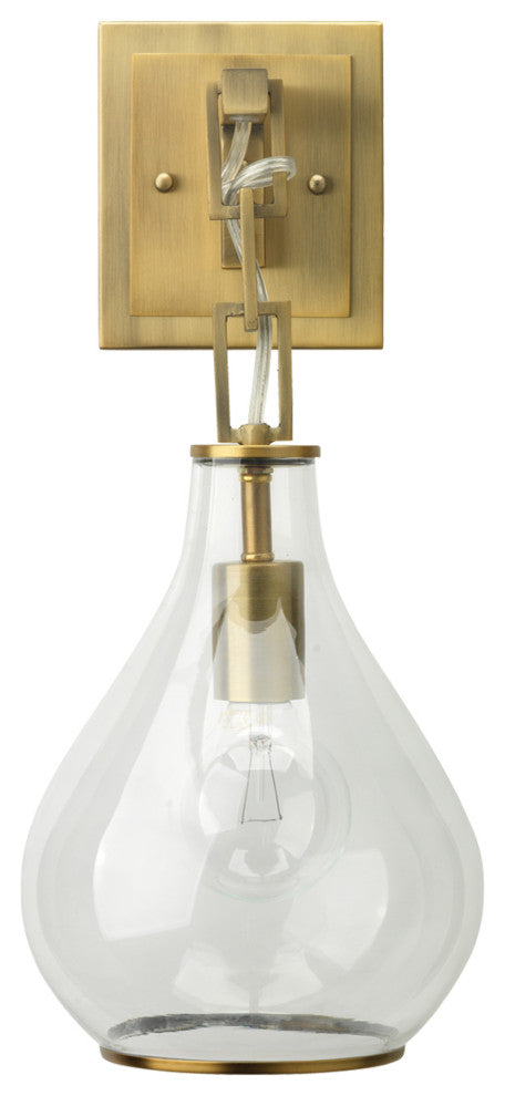 Tear Drop Hanging Wall Sconce, Clear Glass and Antique Brass