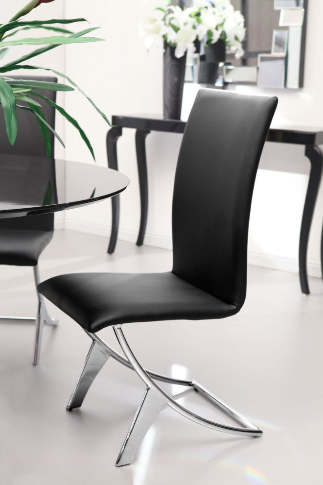 Dining Chair, Set of 2, Faux Vinyl Leather, Steel, Black, Chrome, Cafe Bistro