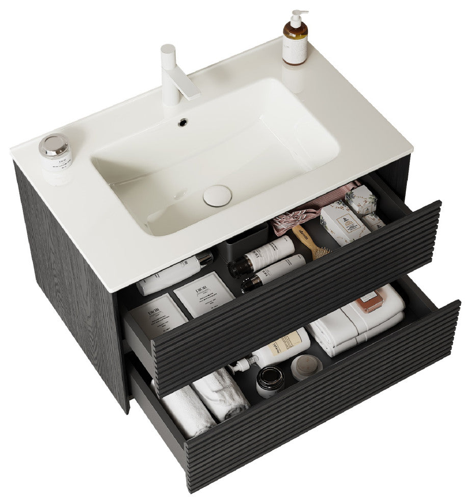 Single Sink Wall-Mounted Bath Vanity in Walnut with White Ceramic Top, Dark Oak, 30"