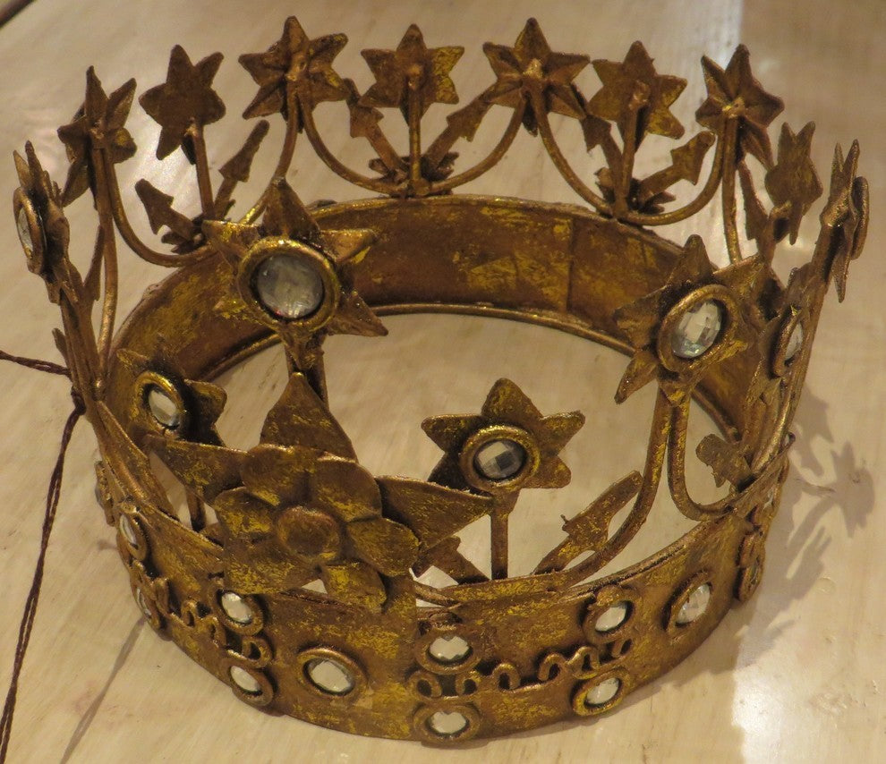 Gold Crown Pillar Candle Holder, Tabletop Metal Jeweled Princess Queen