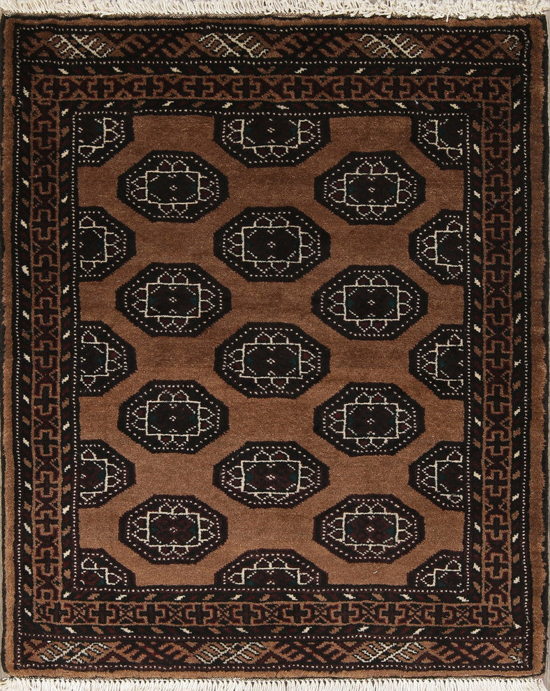 Balouch Geometric Persian Handmade Square Oriental Area Rug, Brown, 3'4"X2'9"