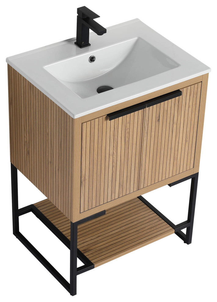 Kingsford Grooved-Look Bath Vanity, Bright Oak, White Ceramic Sink, 24", Doors
