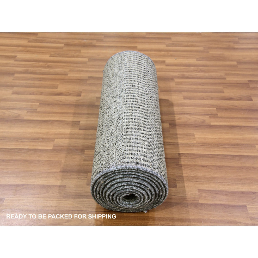 Rustic Gray Grass Design Hand Knotted Undyed Wool XL Runner Rug, 2'5"x15'10"