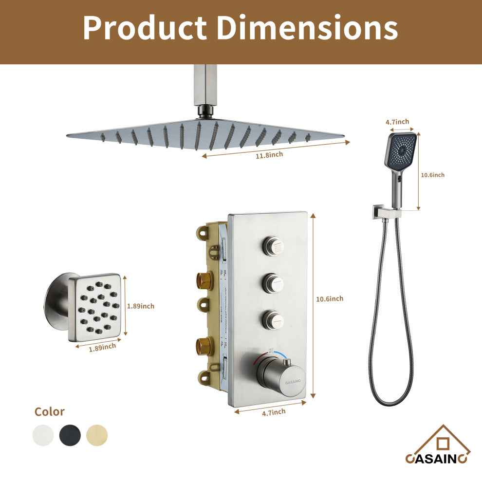Ceiling Mounted Thermostatic Shower System, Brushed Nickel