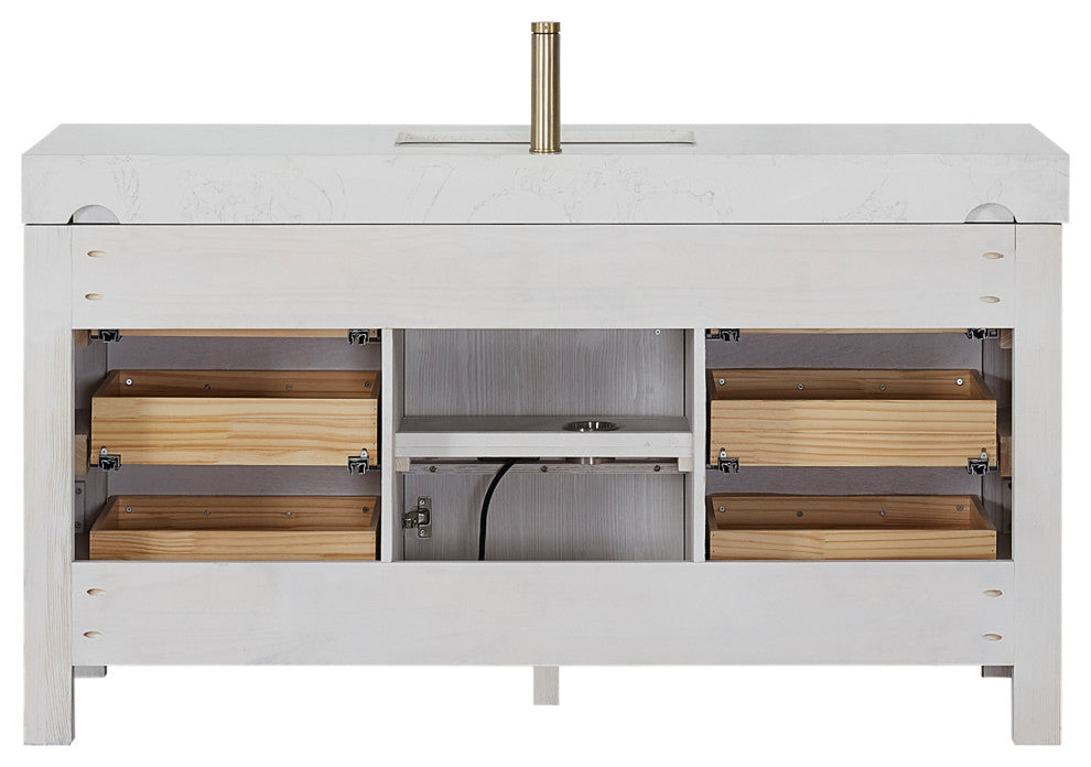 Leon Bath Vanity With Composite Stone Top, Washed White, 60"single Sink, No Mirror