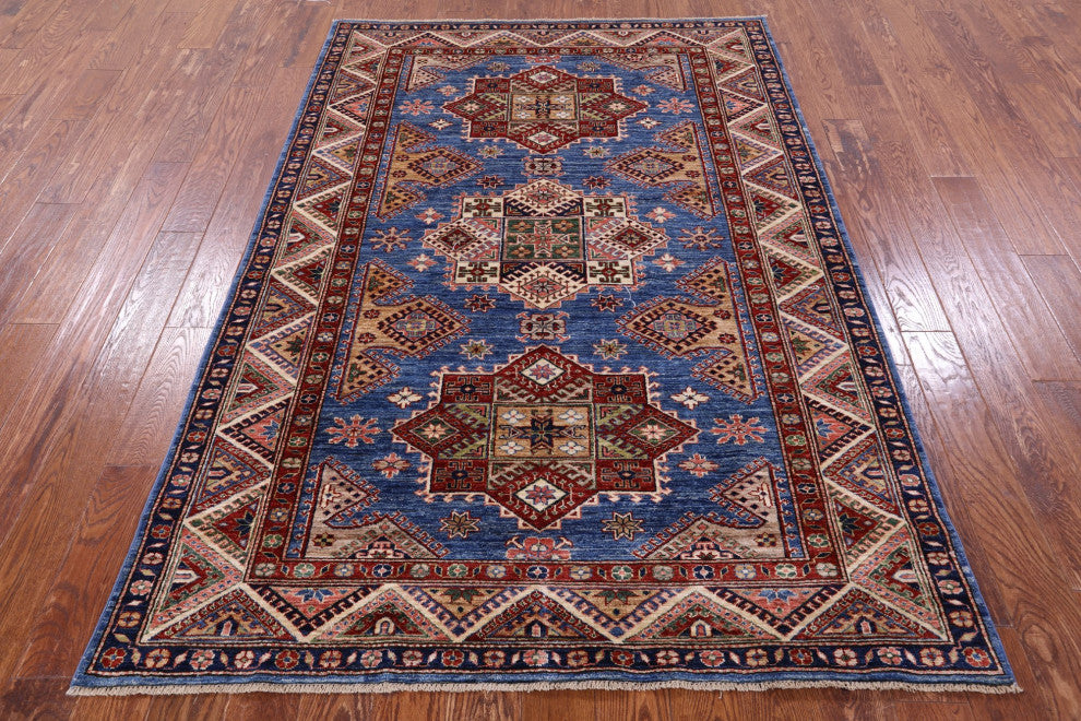 5' 4" X 7' 7" Geometric Super Kazak Hand Knotted Wool Rug Q10526