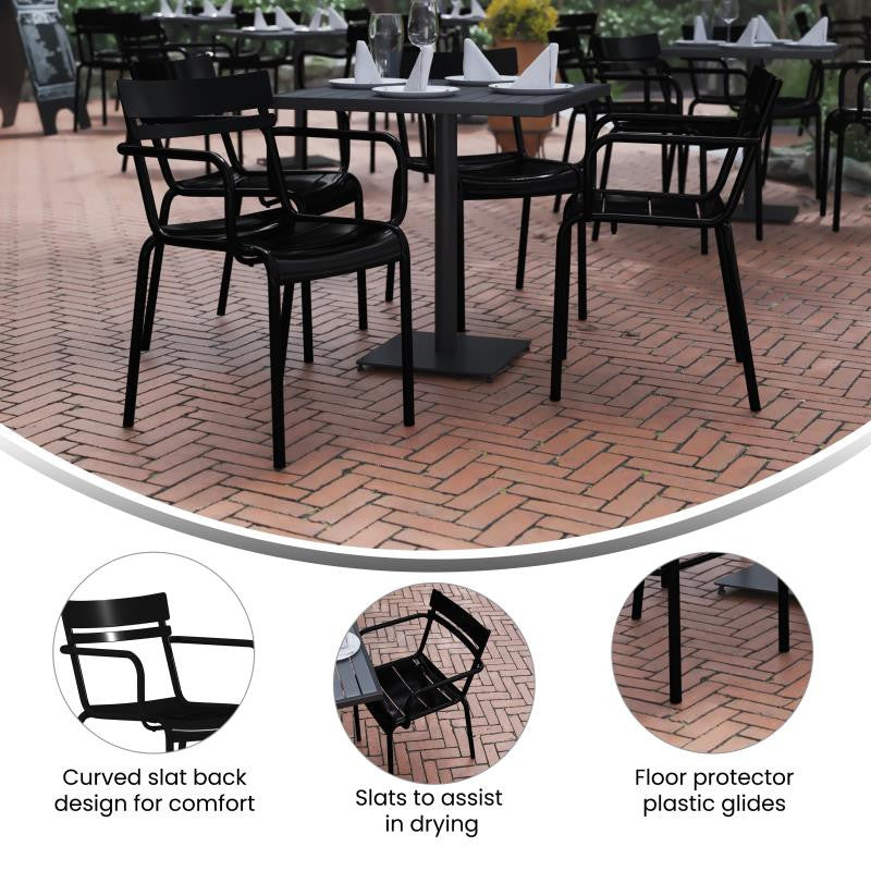 Nash Commercial Grade Steel Indoor-Outdoor Stackable Chair with 2 Slats and Arms, Black