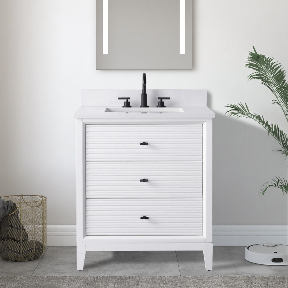 Vanity Art Bathroom Vanity with Engineered Marble Top and Sink, White, 30", Matte Black